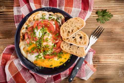 Preview: Homemade breakfast fried egg with tomato.