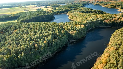 Preview: Forest and lake in sunny autumn, aerial view of Poland