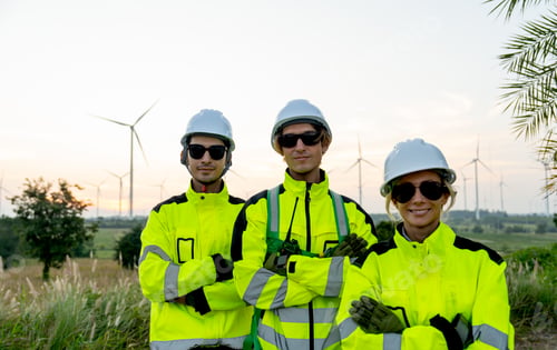 Preview: Portrait group of wind turbine workers or technicians stand with arm crossed and look at camera