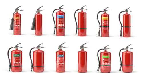Preview: Fire extinguisher set of different types isolated on white.