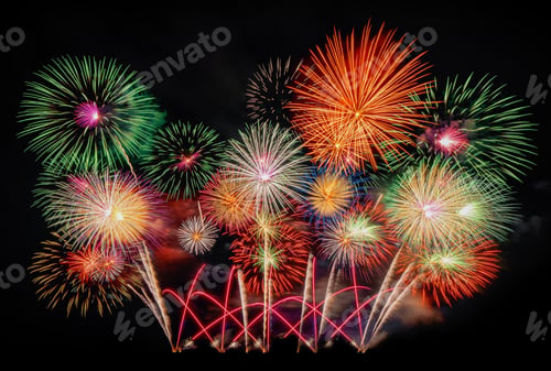 Preview: International fireworks festival display at night on black. Happy New Year Background.