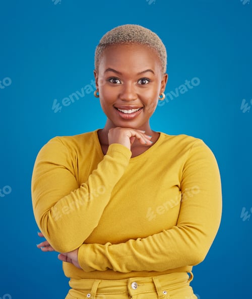 Preview: Happy, smile and portrait of black woman with confidence, happiness and empowerment in studio. Yell