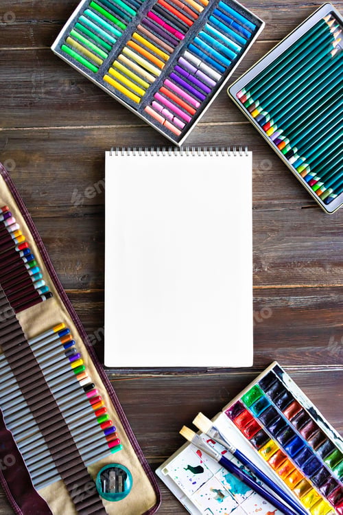 Preview: painting accessories , pencils, brushes, watercolor paints, paper and crayon pastel chalks