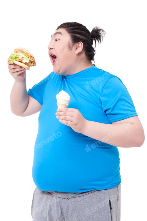 Preview: Greedy Chubby man eating burger and ice cream