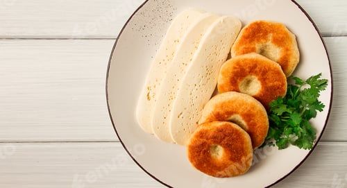 Preview: Mchadi, corn tortillas, traditional Georgian dish, corn bread, with Imeretian cheese, homemade,