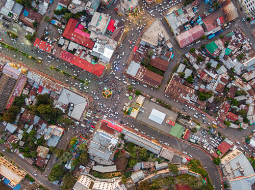Preview: Aerial view of the city centre of Gondar with a lot of car and pedestrian traffic, Ethiopia, Africa