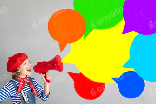 Preview: Happy child artist shouting by loudspeaker