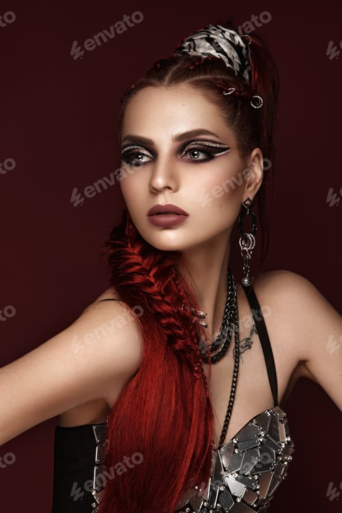 Preview: Portrait of a beautiful woman in a disco style image with creative makeup and hairstyle.