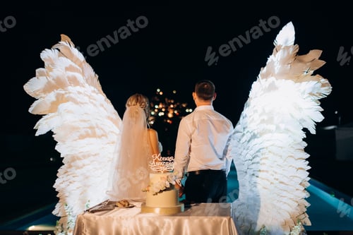 Preview: cutting the wedding cake against the backdrop of white wings