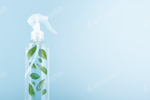 Vista previa: Eco friendly cleaning tools spray bottle with flying green leaves, bubbles, sun rays on blue backgro