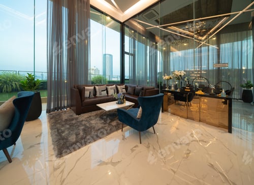 Stylish Modern Lobby with Large Windows and Furniture