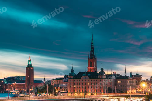 Preview: Stockholm, Sweden. Scenic View Of Stockholm Skyline At Summer Evening Night. Famous Popular