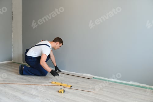 Preview: Repairman laying laminate flooring at home
