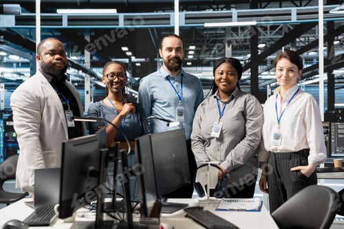 Preview: Portrait of cheerful engineering team in data center running scripts