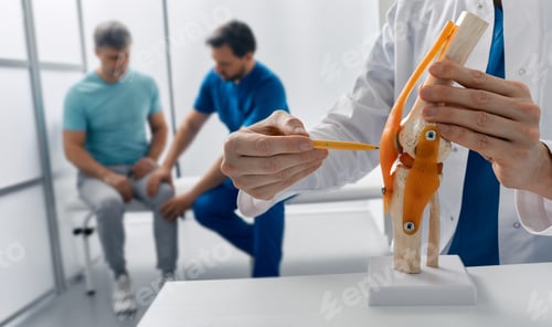 Preview: Treatment for knee injuries. Adult man with knee injury during consultation with doctor