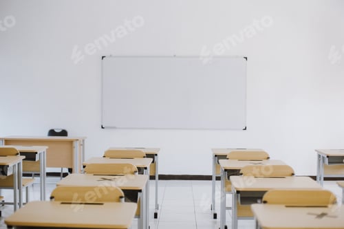 Preview: Empty Classroom with Desks and Whiteboard