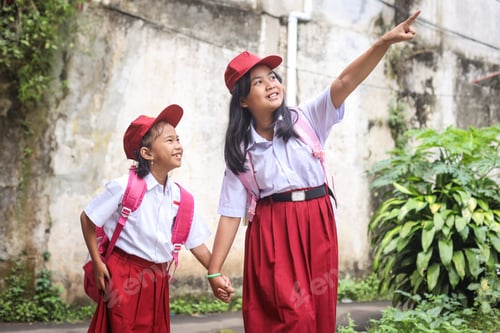Preview: Cute little girl schoolkids holding hands and pointing finger and looking up while walking together
