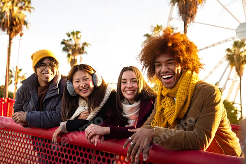 Preview: Happy multiracial college friends standing looking at camera on sunny winter day