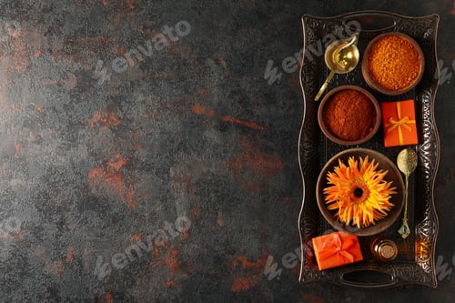Preview: Wooden bowls with spices and with flower, gift boxes on tray on dark background, space for text
