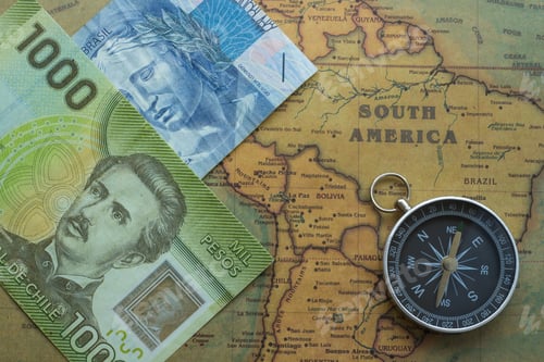 Preview: Vintage map of south America with money and compass
