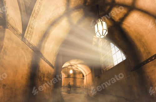 Preview: light from the lamp and the shadows in the mysterious corridor