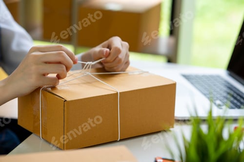 Preview: online selling business SME business owners, female entrepreneurs Packing boxes for customers, onlin