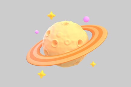 Preview: Vibrant illustration of a celestial body with ring system and celestial objects