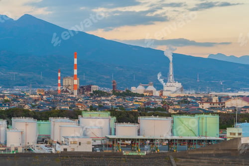 Preview: Petrochemical oil refinery and sea in industrial engineering, urban city. Oil and gas tanks
