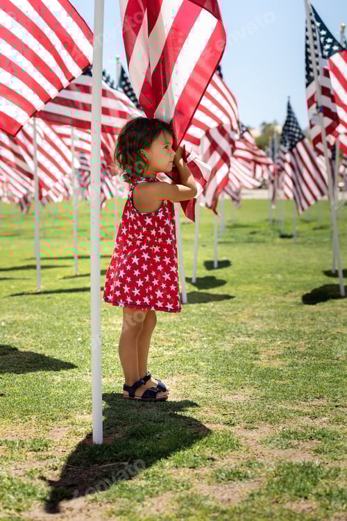Preview: Child Standing Among American Flags on Sunny Day