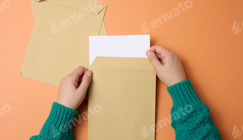 Preview: Female hand holds paper envelopes on an orange background, top view. Correspondence