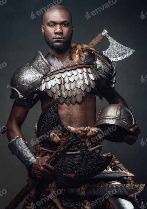 Preview: Dangerous equipped antique warrior with helmet and axe