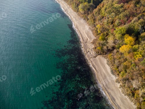 Preview: top aerial view of the beautiful wild beach in Bulgaria at autumn
