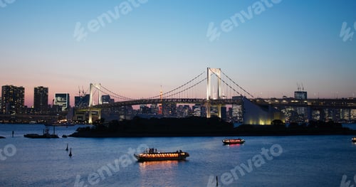 Preview: Tokyo, Japan, 02 July 2019: Odaiba city skyline in the evening