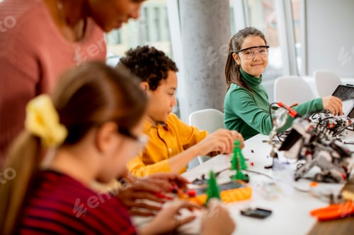 Preview: African American female science teacher with group of kids