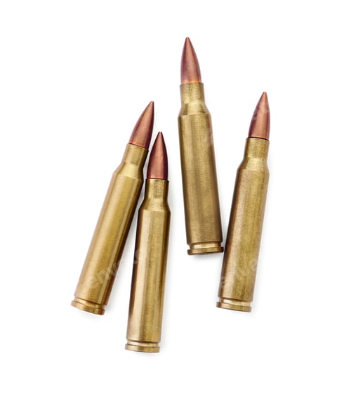 Preview: Many bullets on white background, top view. Military ammunition