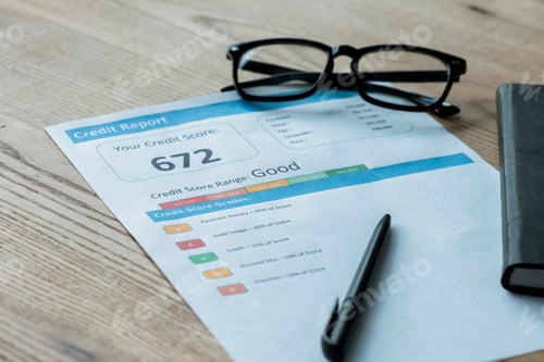 Preview: selective focus of glasses near document with credit report letters