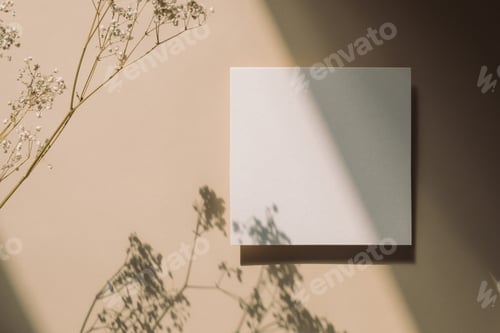 Preview: Empty paper mock up on beige background in sunlight with plant shadows.