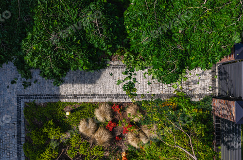 Preview: Stunning Aerial View of a Beautifully Landscaped Garden With Vibrant Plants and Pathways