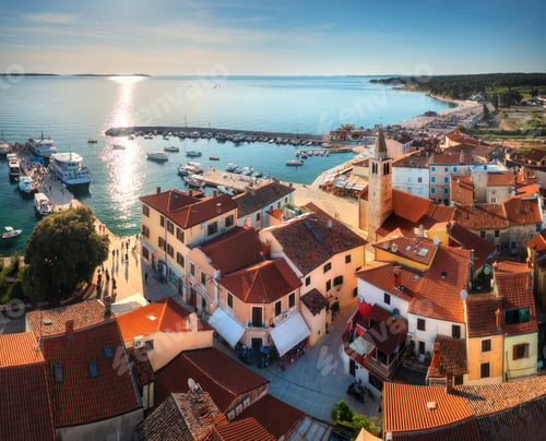 Preview: Aerial view of beautiful old city, colorful houses, boats