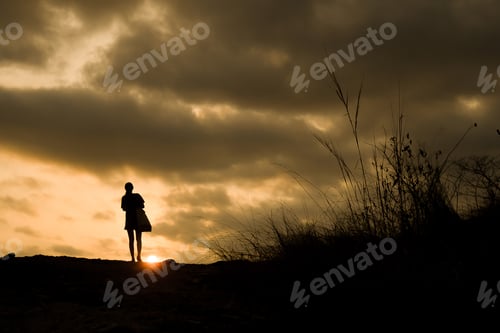 Preview: silhouette of lonely person walking with sunset