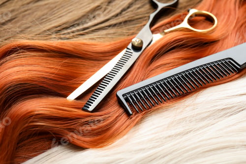Preview: Scissors and comb on beautiful hair in different colors, closeup