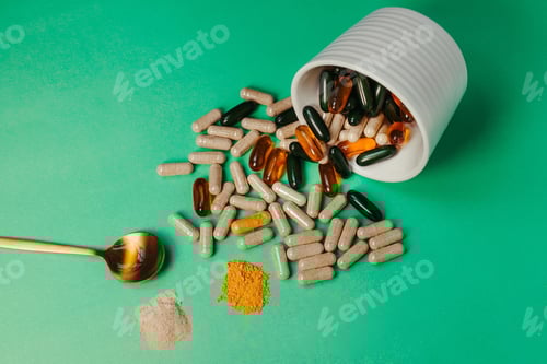 Preview: Green tabletop with an array of vitamin supplement capsules and pills and a spoon