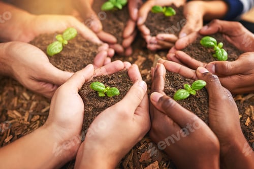 Preview: From seeds to trees. Cropped shot of a group of people holding plants growing out of soil.