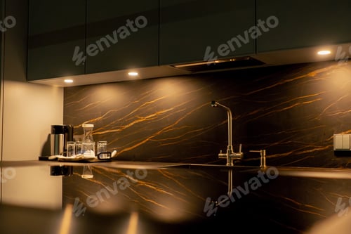 Preview: professional expensive kitchenview of the shelving unit and the area for preparing and washing food