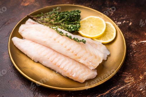 Preview: Raw cod loin pieces, whitefish fillets without skin on plate with herbs. brown background. top view