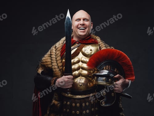 Preview: Joyful ancient roman soldier holding short sword