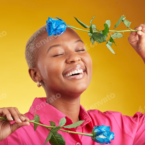 Preview: Happy, smile and spring with black woman and rose in studio for blossom, plant and environment. Gif