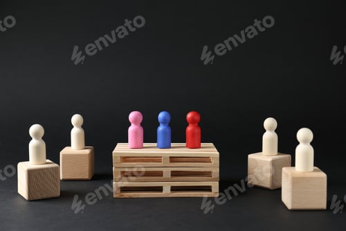 Preview: Competition concept. Human figures on different podiums against black background