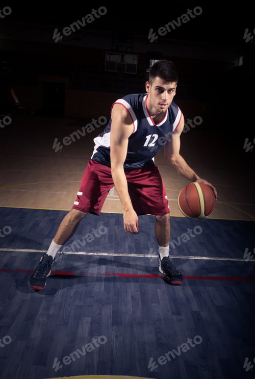 Preview: One Young Man, Basketball Player Dribble Ball, Indoors Court