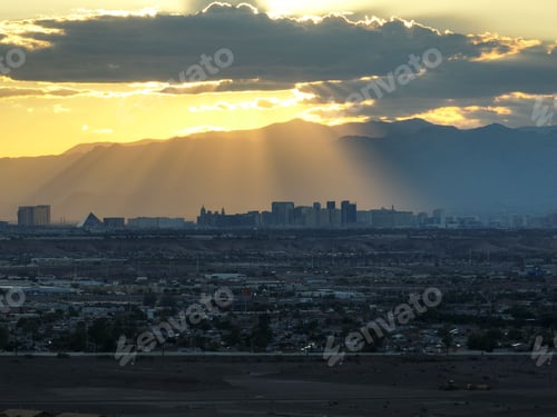 Preview: Golden Hour in Las Vegas with distant aerial view of the strip and major hotels